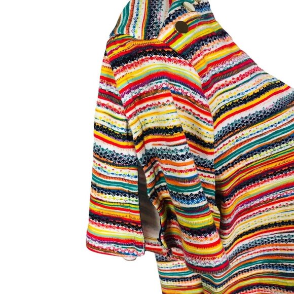 Rafaella Top Size L Large Slit on Short Sleeves Multi Color Stripes Buttons - Picture 6 of 13